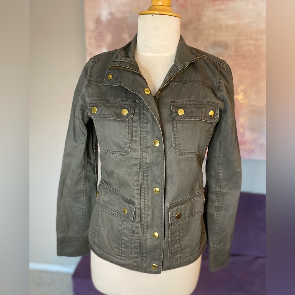 J.Crew army green‎ field jacket with gold buttons size XS Relaxed BF Fit